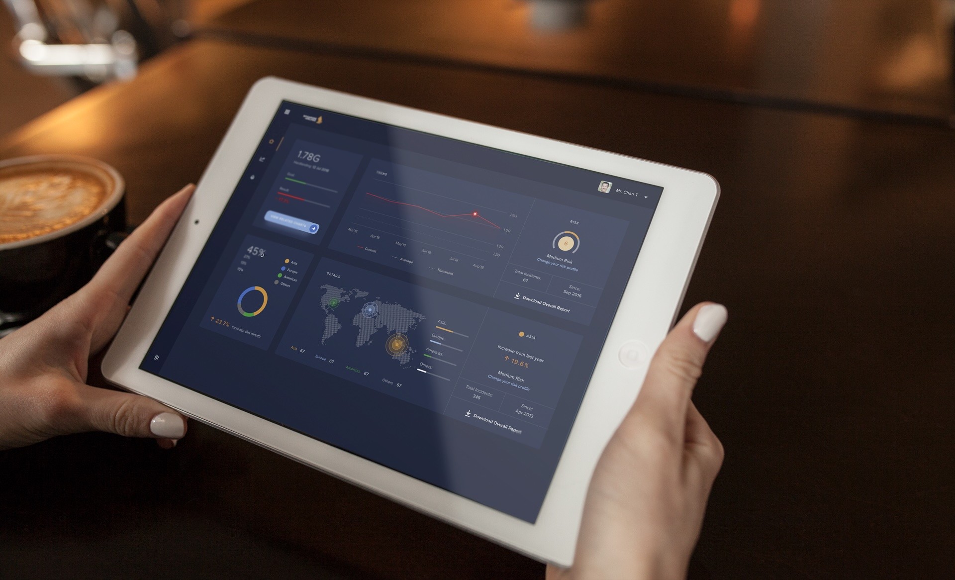 Hands holding tablet with data platform dashboard