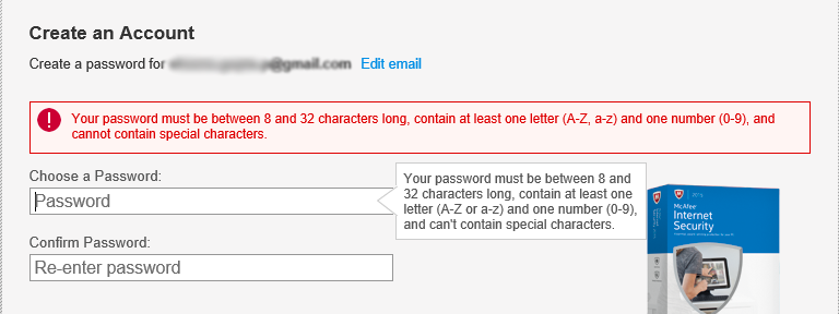 Sign up form from ‘McAfee Internet Security’ pack.